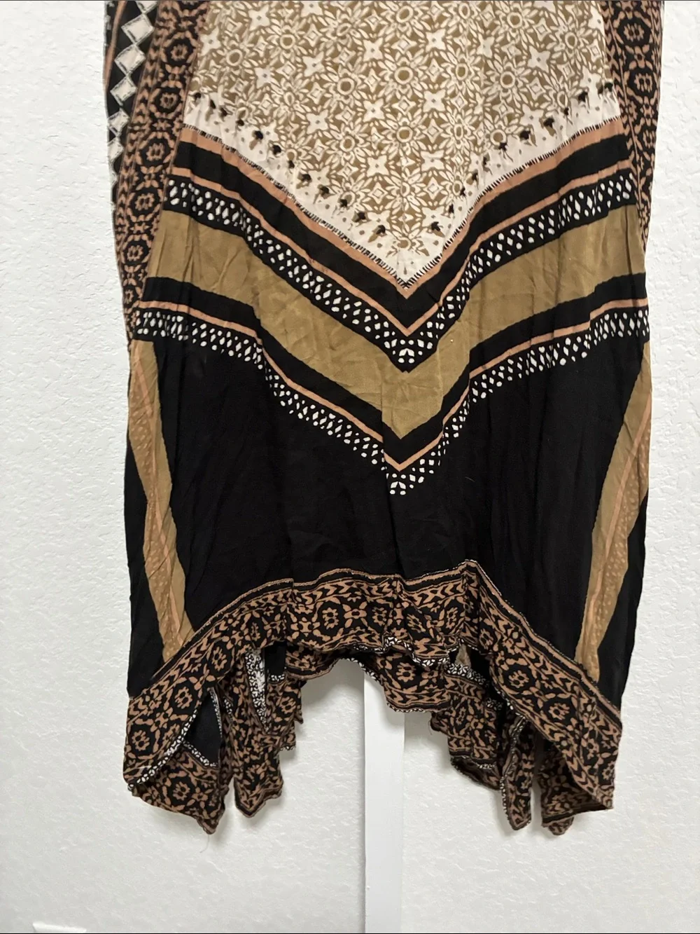 Free People Tan Black Boho Print Handkerchief Hems Midi Skirt